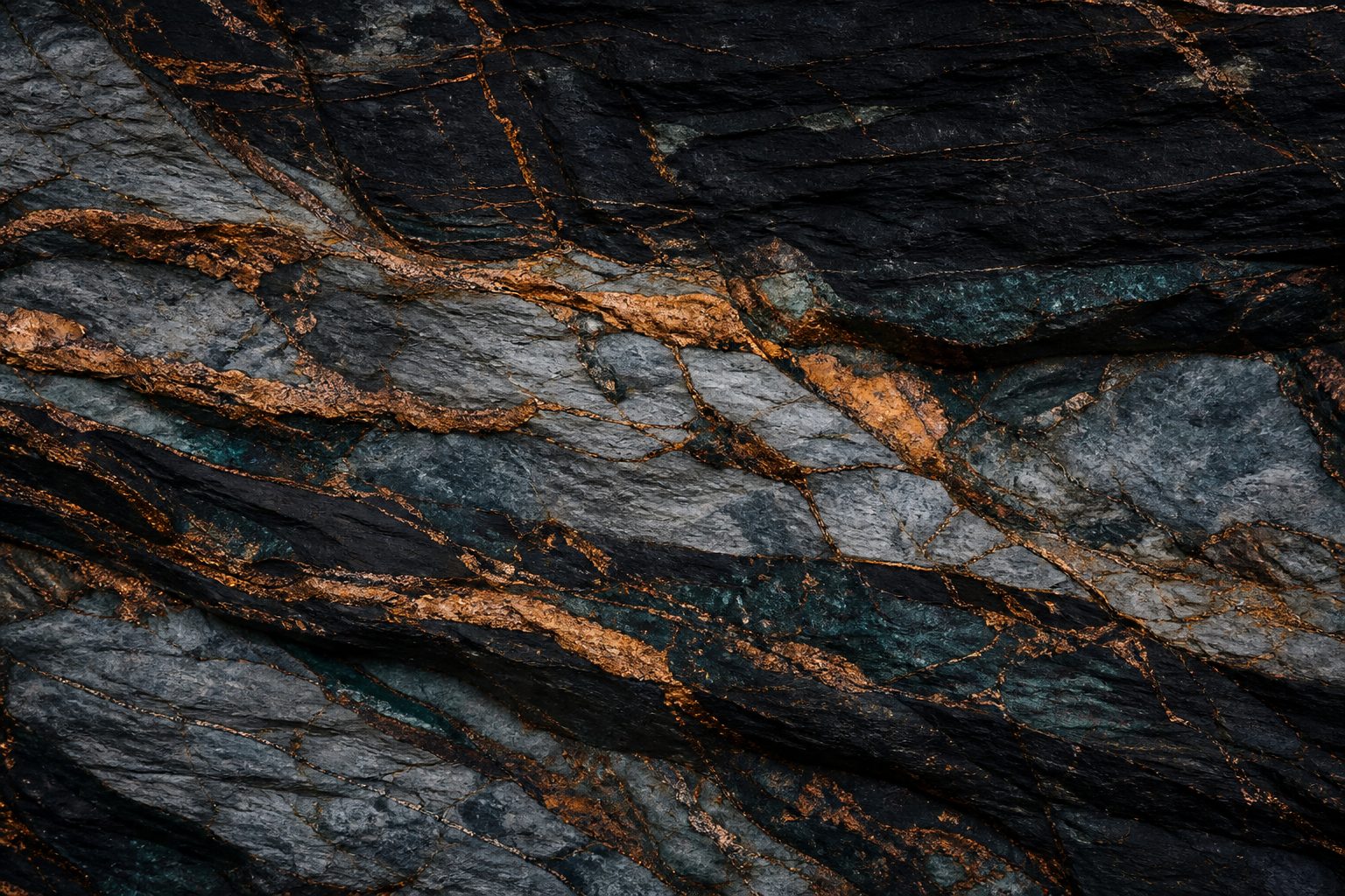 Copper-veined rock crossed by pockets of oxidised teal, complex ground a question must travel across