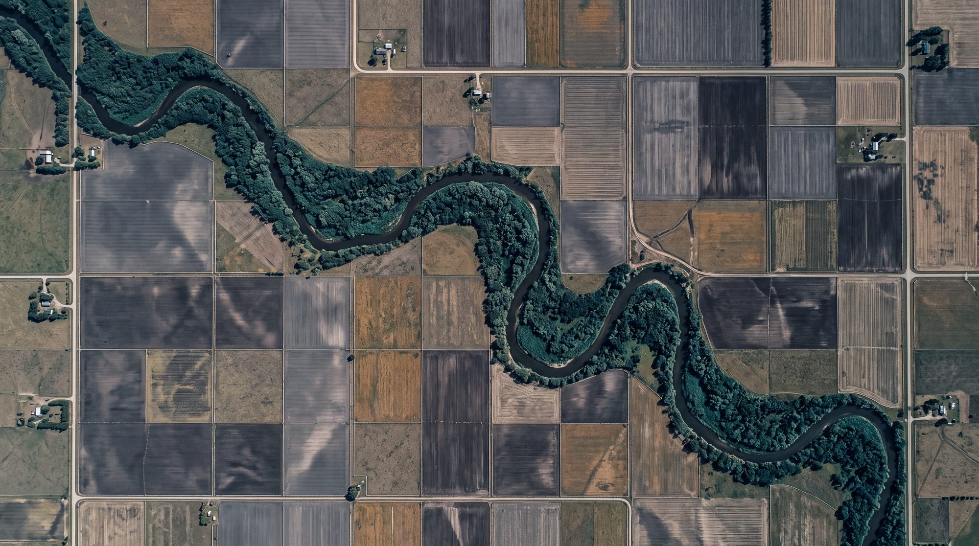 Aerial view of a meandering river cutting across a rigid grid of cultivated fields, one system crossing the lines drawn by another