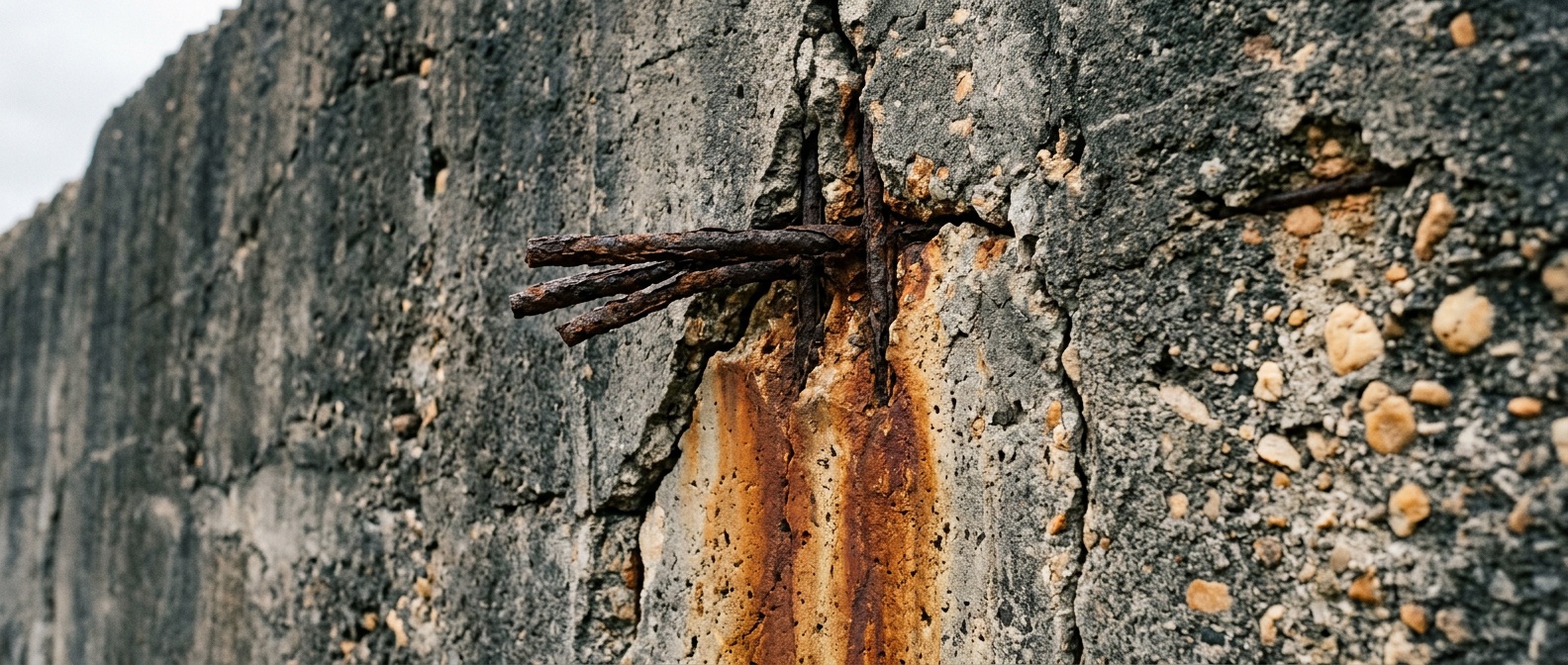 Weathered concrete wall split open around rusted reinforcing bars, a copper-coloured stain running down from the fracture