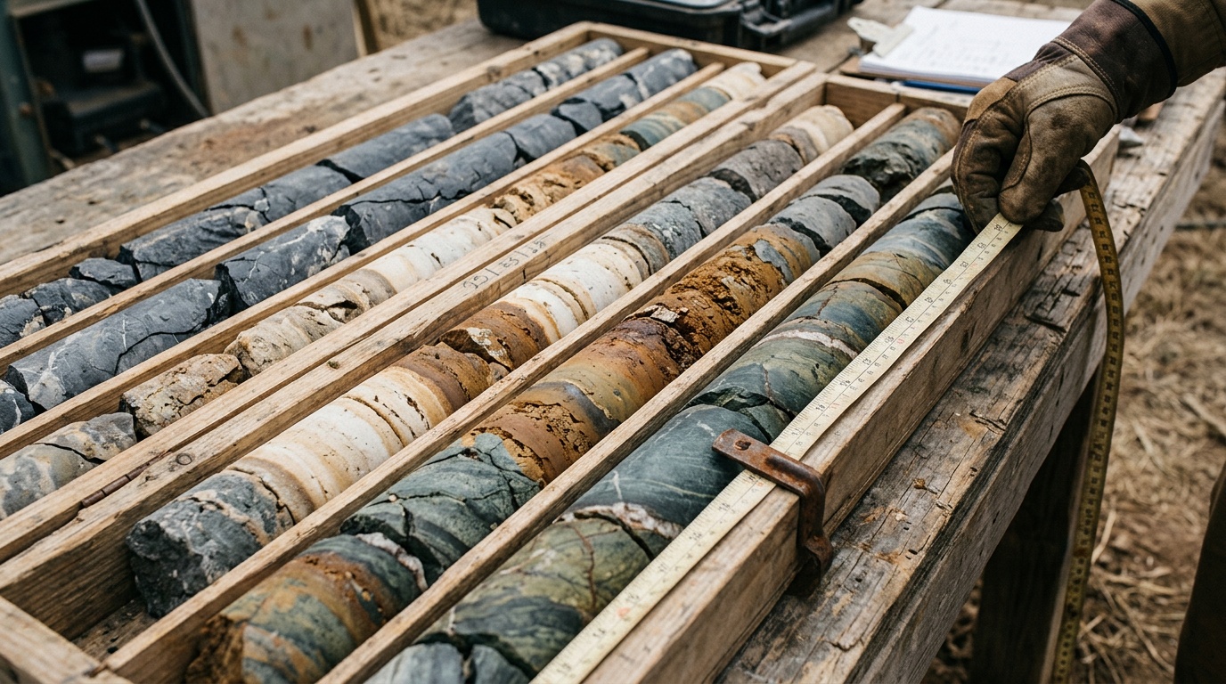 Drill core samples laid in wooden trays on a site bench, bands of grey, cream and rust rock being measured with a tape by a gloved hand