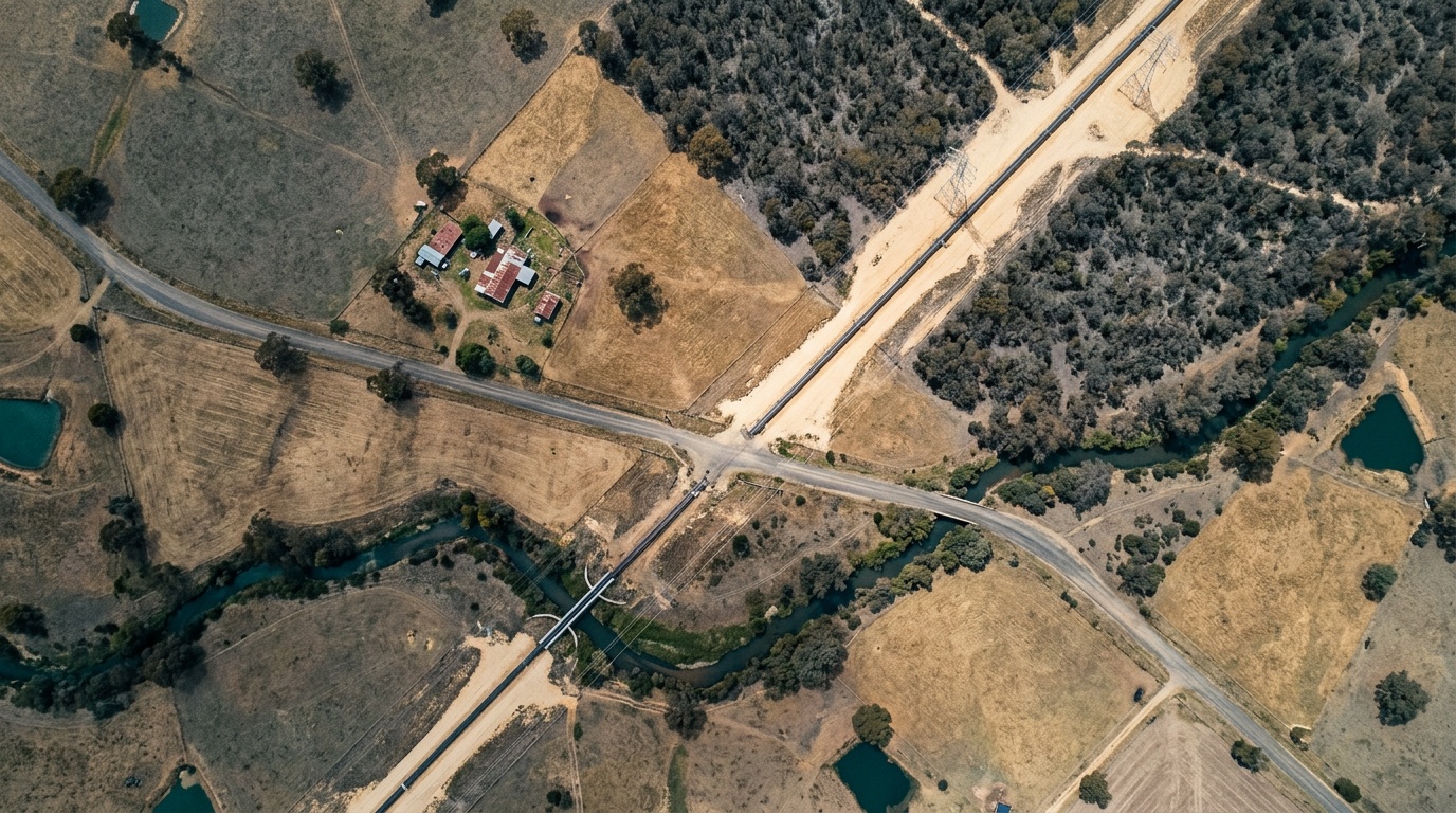 Top-down aerial of a cleared transmission corridor crossing a creek, a country road and fenced paddocks beside a farmhouse