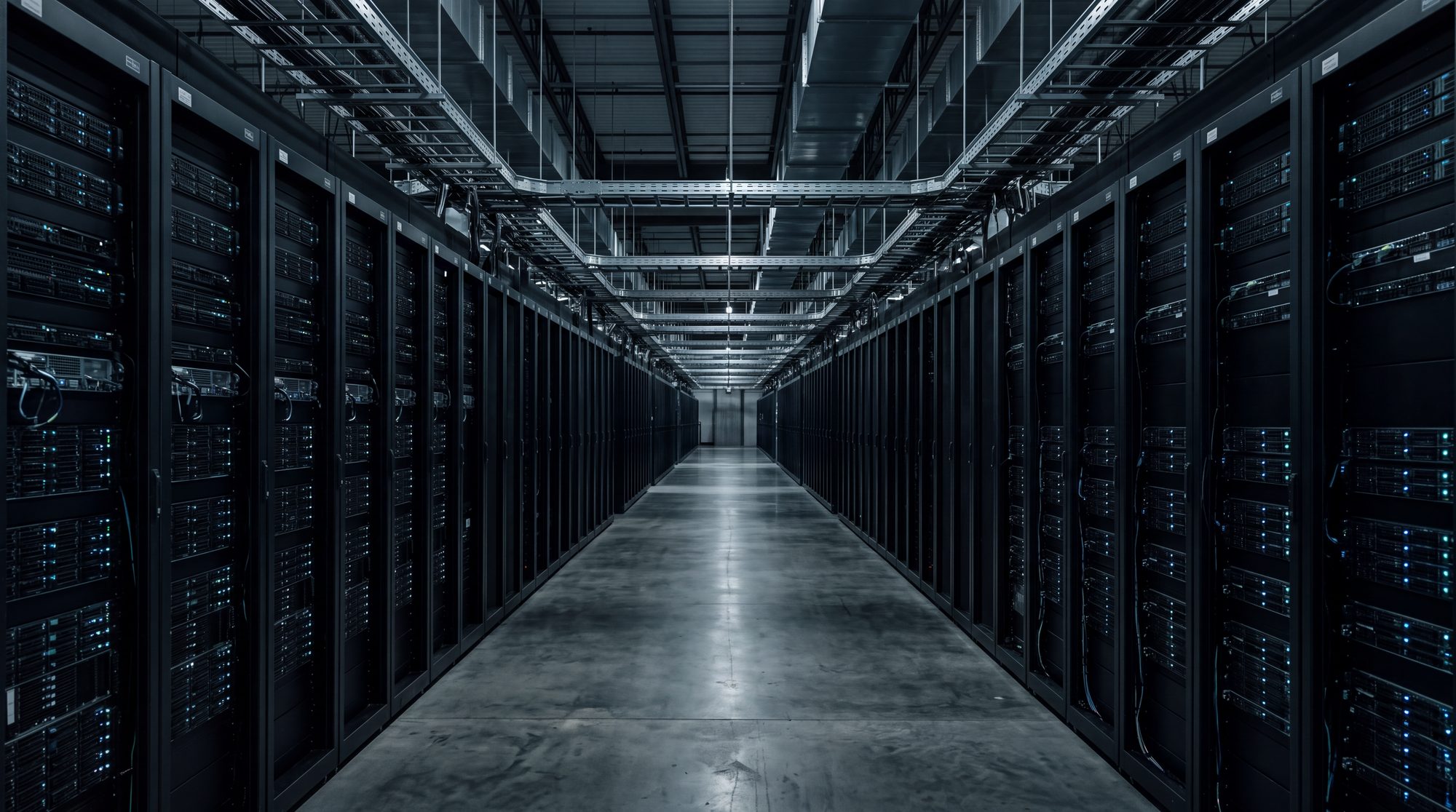 Interior of a hyperscale data centre: long converging rows of server racks receding into cool light, the physical scale behind digital infrastructure