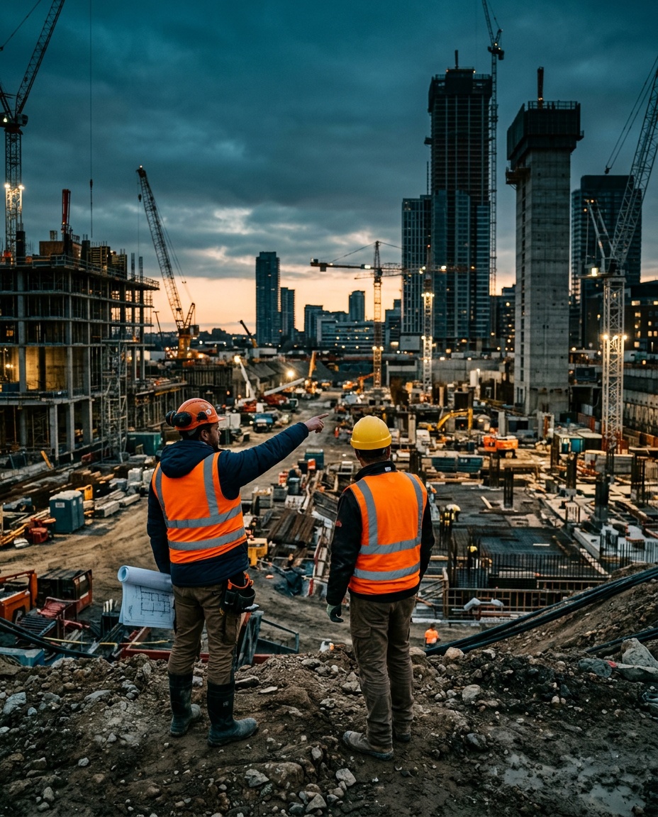 Two site workers in hi-vis vests and hard hats on a spoil mound at first light, one pointing across an active construction site with cranes and part-built towers
