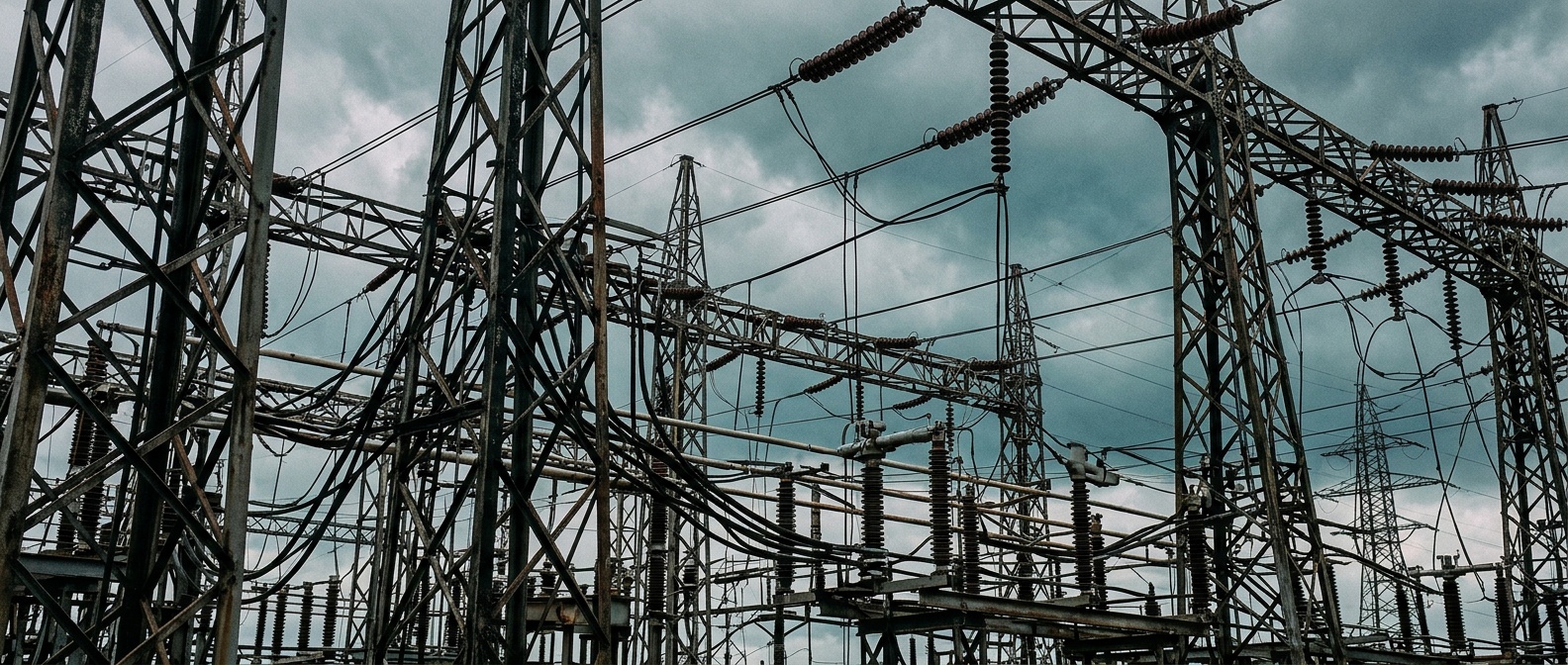 Steel lattice of a high-voltage substation under a heavy teal sky, insulators and conductors interconnecting in every direction