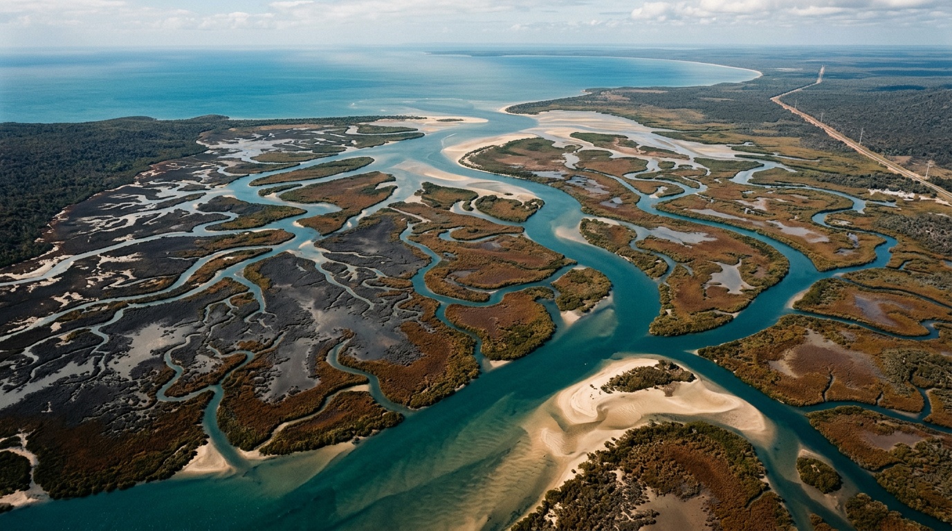 Aerial view of estuary channels branching across a wide coastal landscape