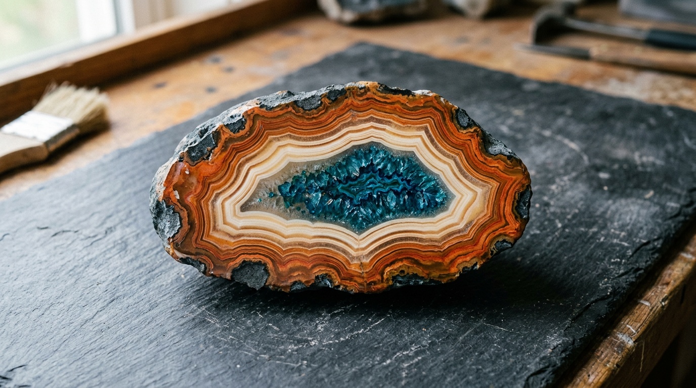 Split geode with banded mineral layers around a crystal core