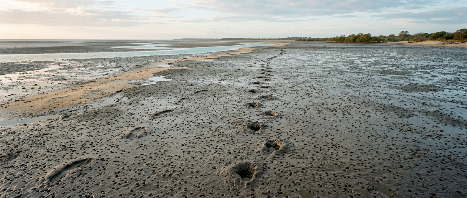 Wet tidal mudflat with small footprints and scattered yabby holes
