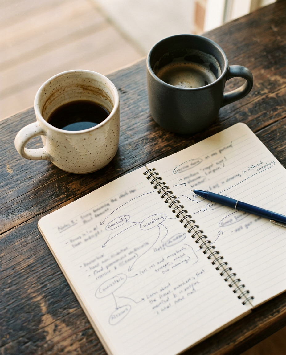 Two half-finished coffees on a worn timber table beside an open notebook, circled words joined by hand-drawn lines