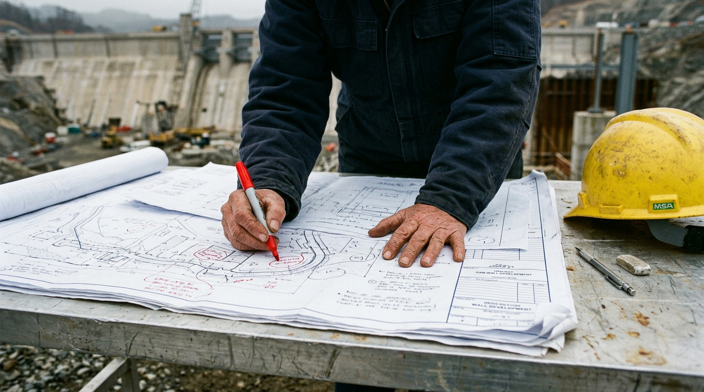 An engineer's weathered hands marking up site drawings on a field table, a dam under construction behind