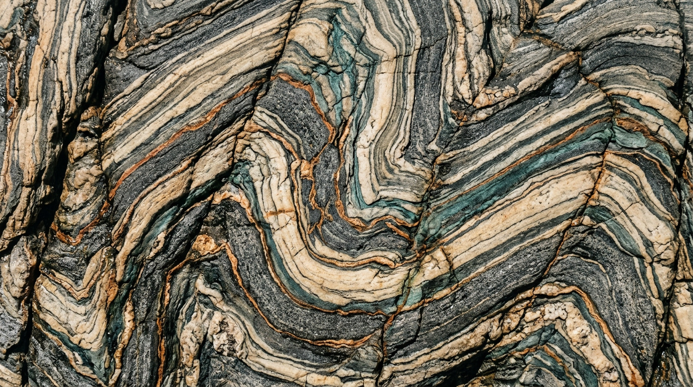 Tightly folded metamorphic rock strata, layers bent under immense pressure yet unbroken, copper mineral veins following the folds