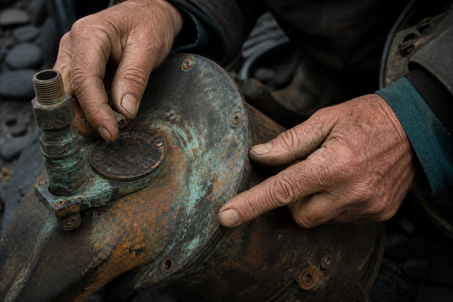 Weathered hands working an oxidised copper fitting, the knowledge held in touch rather than in words