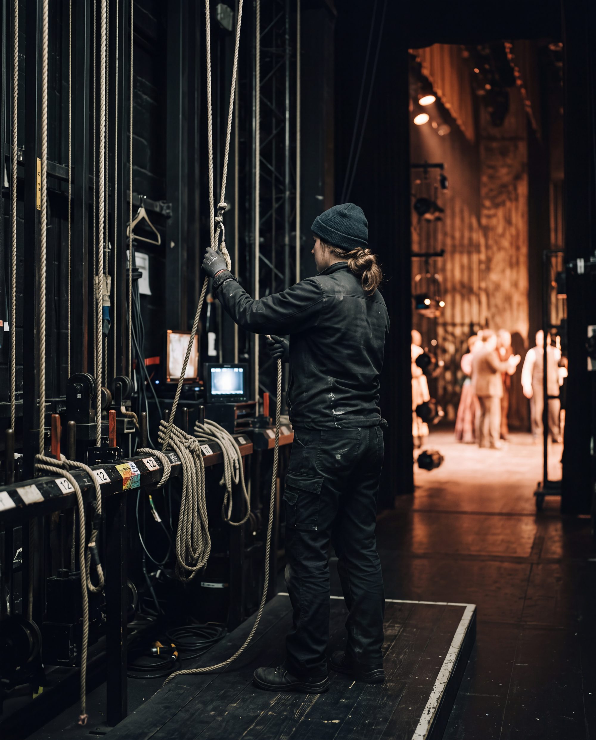 A stagehand working the rigging behind the scenes, the unseen contribution that holds a performance together