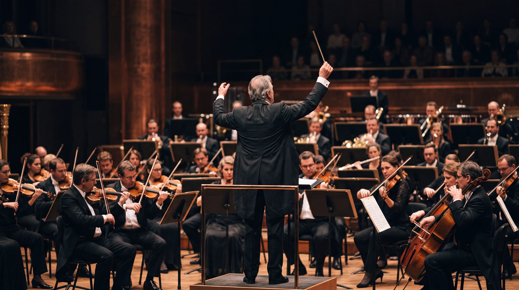 A conductor seen from behind, arms raised before a full orchestra, holding many separate parts in a single working relationship