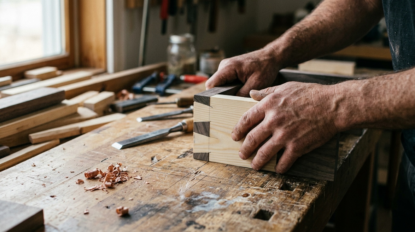 Weathered hands pressing a hand-cut dovetail joint together on a worn workbench, chisels and shavings around it