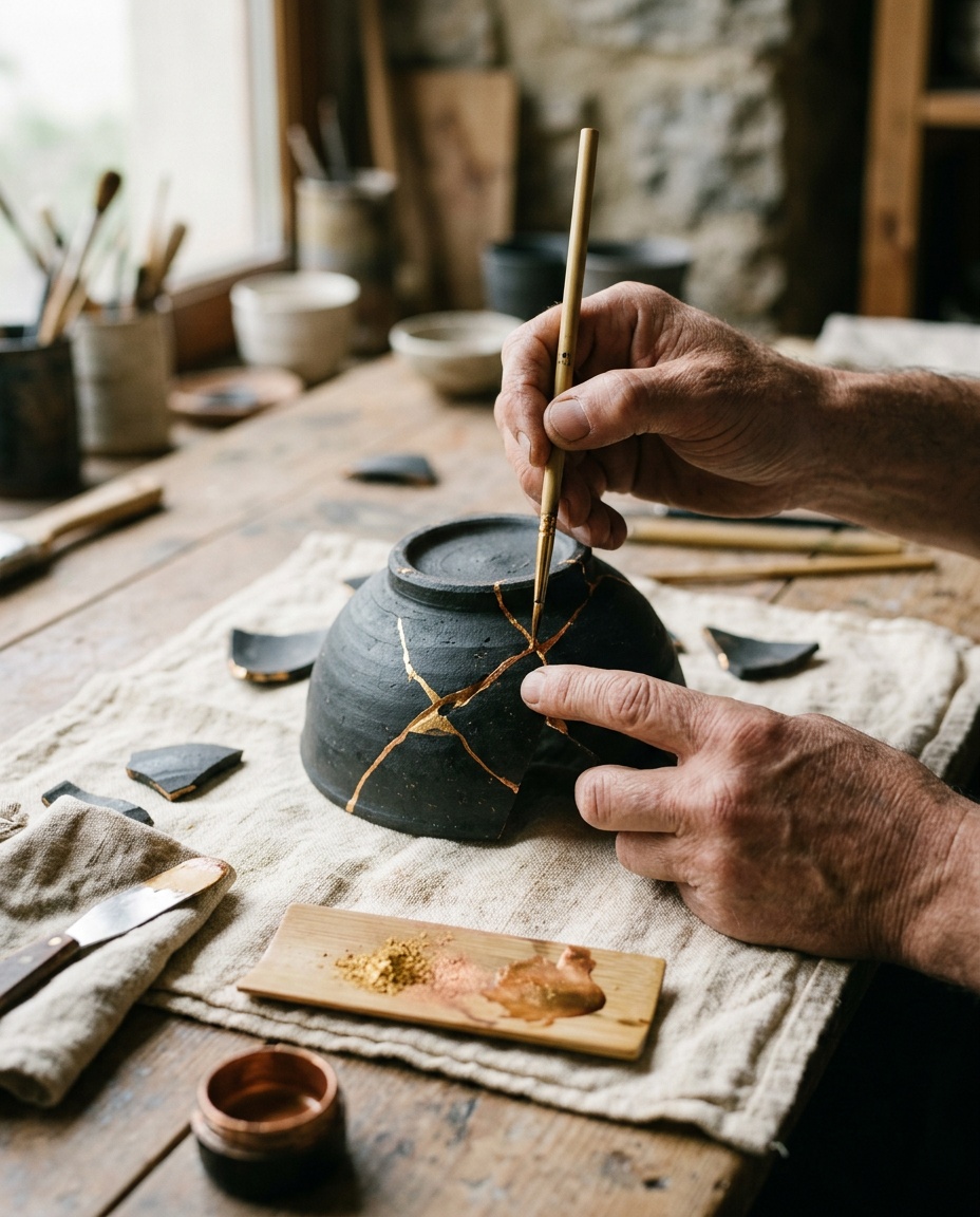 Hands tracing gold along the mended cracks of a dark ceramic bowl, the repair left visible rather than hidden