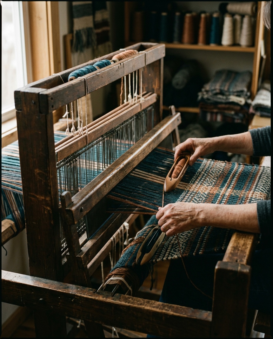 Hands passing a wooden shuttle through a teal and copper weave on an old floor loom, many separate threads becoming one pattern
