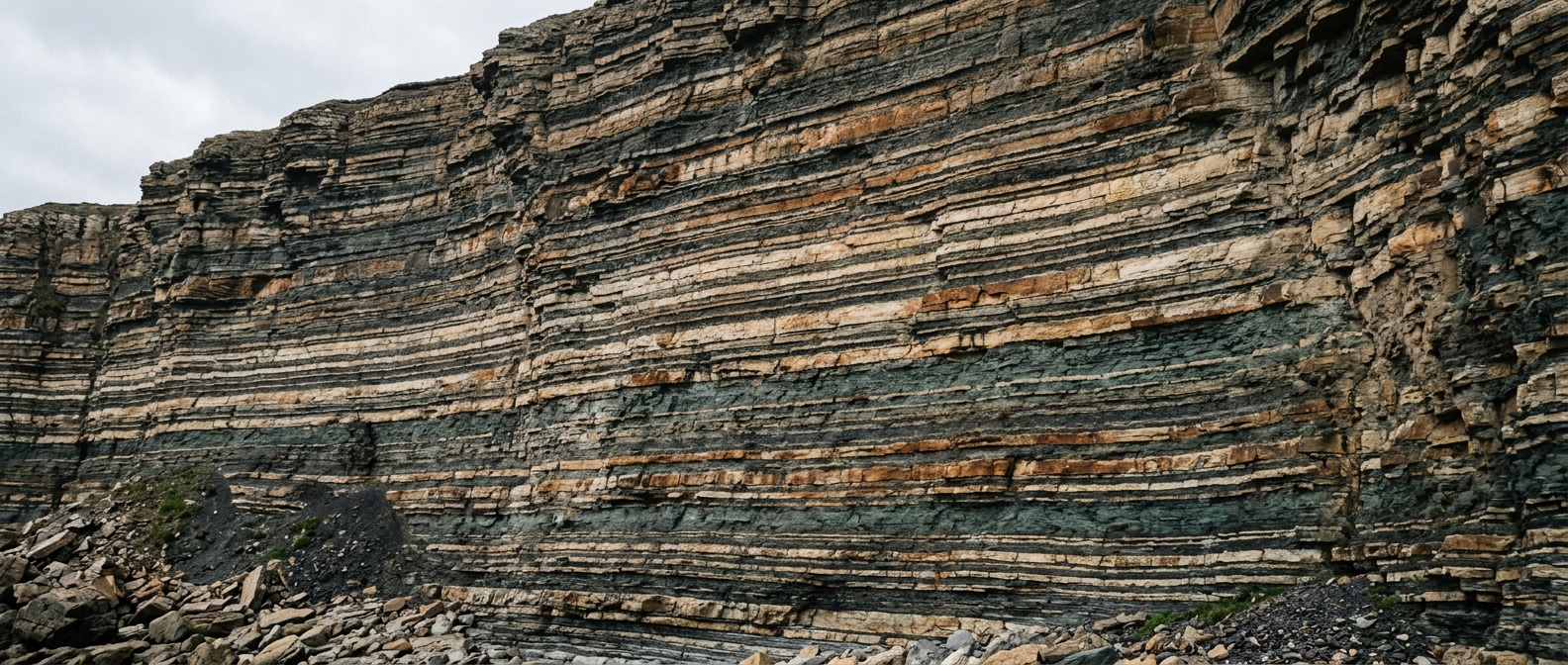 Layered sedimentary cliff face with fine horizontal strata
