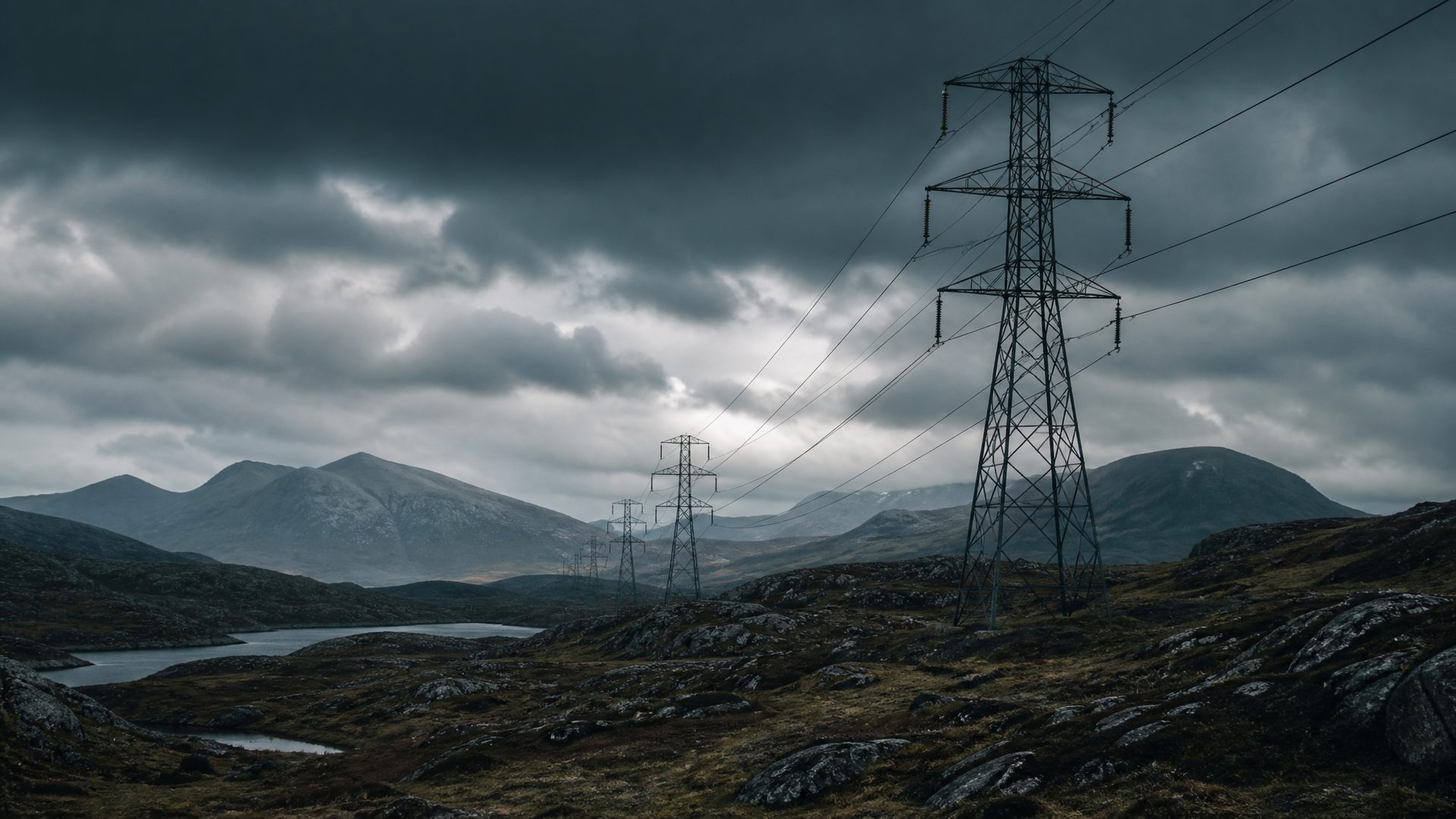 Transmission pylons and their lines striding across open moorland under a heavy sky, crossing terrain without regard for its boundaries